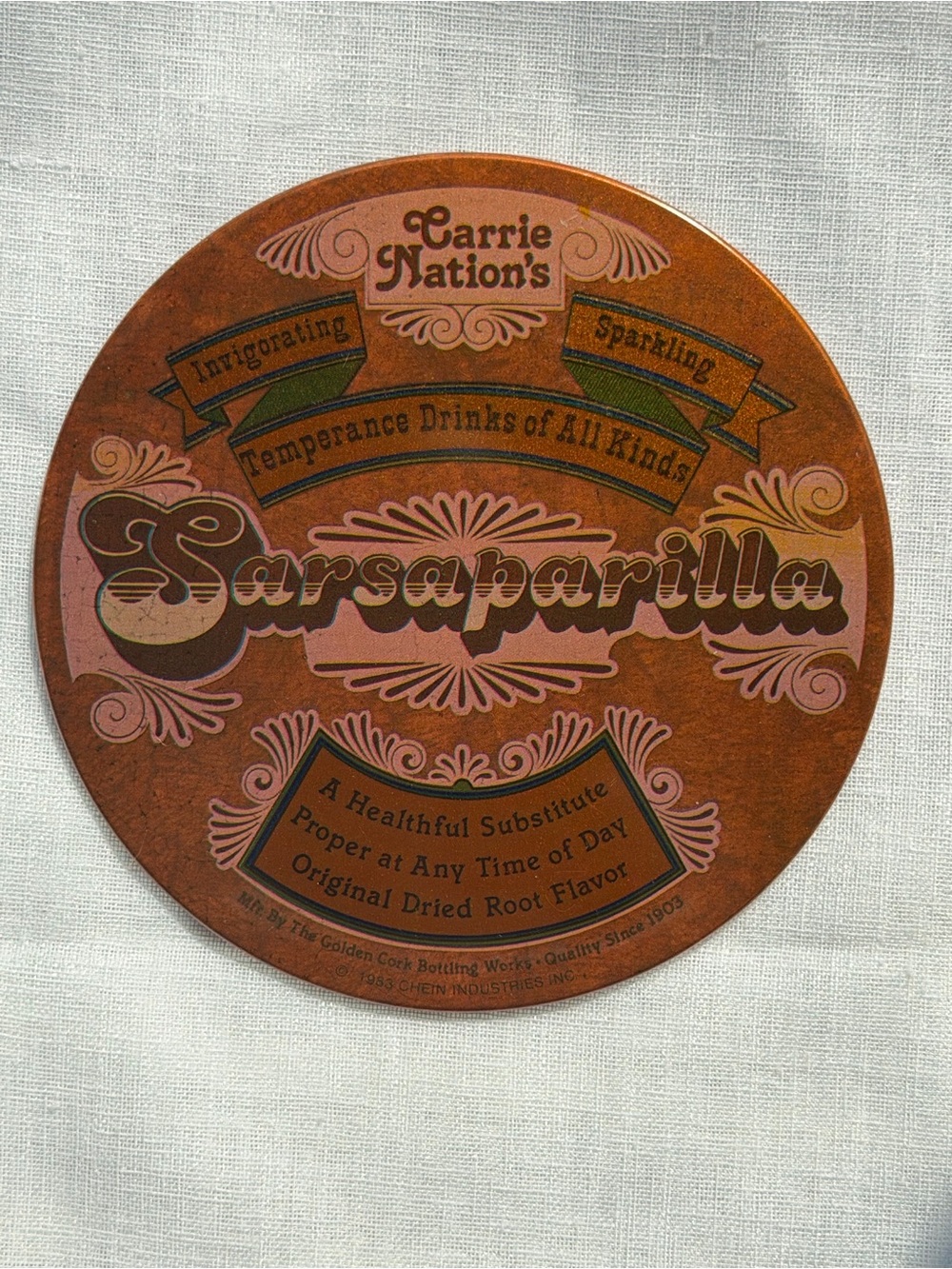 Vintage Cheinco Thermo Shield Trivet Carrie Nation Sarsaparilla Hot Plate Mat 7”